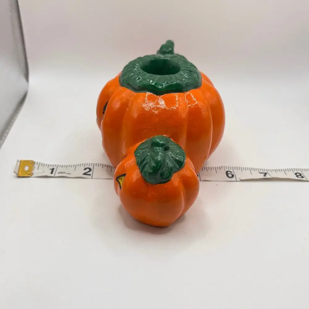 Vintage 90s Halloween Orange Jack-o-Lantern Ceramic Pumpkin Taper Candle Holder
